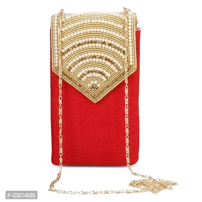 Shanvi Handicraft Pearl Clutch Silk Saree Clutch Mobile Pouch Waist Clip Ladies Purse Gift for Women  Girls (Red)