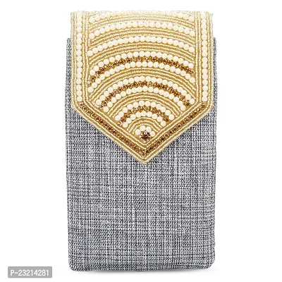 Shanvi Handicraft Pearl Clutch Silk Saree Clutch Mobile Pouch Waist Clip Ladies Purse Gift for Women  Girls (Gray)-thumb2