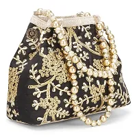 Shanvi handicraft Raw-Silk Designer Potli Bag for women with Golden Embroidery and Golden Pearl Handle Tassel (Black)-thumb1