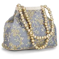 Shanvi handicraft Raw-Silk Designer Potli Bag for women with Golden Embroidery and Golden Pearl Handle Tassel (Grey)-thumb1