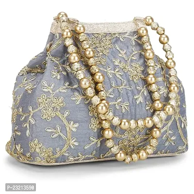 Shanvi handicraft Raw-Silk Designer Potli Bag for women with Golden Embroidery and Golden Pearl Handle Tassel (Grey)-thumb2