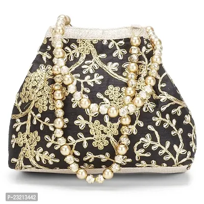 Shanvi handicraft Raw-Silk Designer Potli Bag for women with Golden Embroidery and Golden Pearl Handle Tassel (Black)