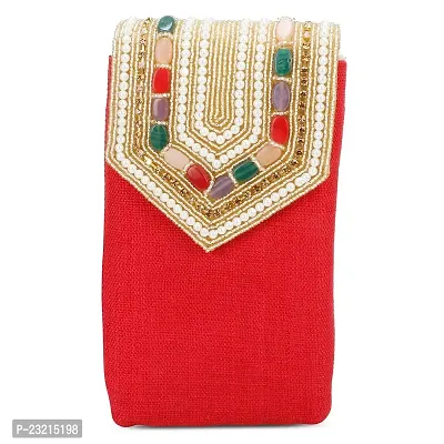 ZERATIO Bags Pearl Clutch Silk Saree Clutch Mobile Pouch Waist Clip Gift for Women  Girls (Red)
