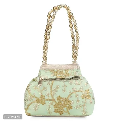 Shanvi handicraft Raw-Silk Designer Potli Bag for women with Golden Embroidery and Golden Pearl Handle Tassel (Firozi)-thumb3