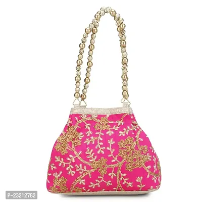 Shanvi handicraft Raw-Silk Designer Potli Bag for women with Golden Embroidery and Golden Pearl Handle Tassel (Pink1)-thumb0