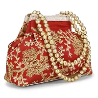 Shanvi handicraft Raw-Silk Designer Potli Bag for women with Golden Embroidery and Golden Pearl Handle Tassel (Red)-thumb1