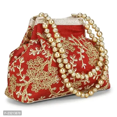 Shanvi handicraft Raw-Silk Designer Potli Bag for women with Golden Embroidery and Golden Pearl Handle Tassel (Red)-thumb2