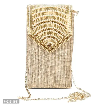 Shanvi Handicraft Pearl Clutch Silk Saree Clutch Mobile Pouch Waist Clip Ladies Purse Gift for Women  Girls (Gold)-thumb4