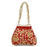 Shanvi handicraft Raw-Silk Designer Potli Bag for women with Golden Embroidery and Golden Pearl Handle Tassel (Red)-thumb2