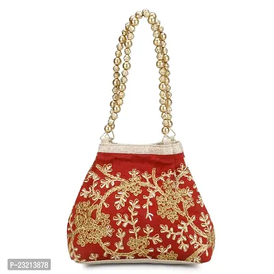 Shanvi handicraft Raw-Silk Designer Potli Bag for women with Golden Embroidery and Golden Pearl Handle Tassel (Red)-thumb3