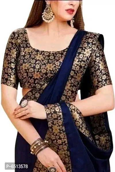 Stylish Vichitra Silk Navy Blue Border Work Saree With Blouse Piece For Women-thumb0