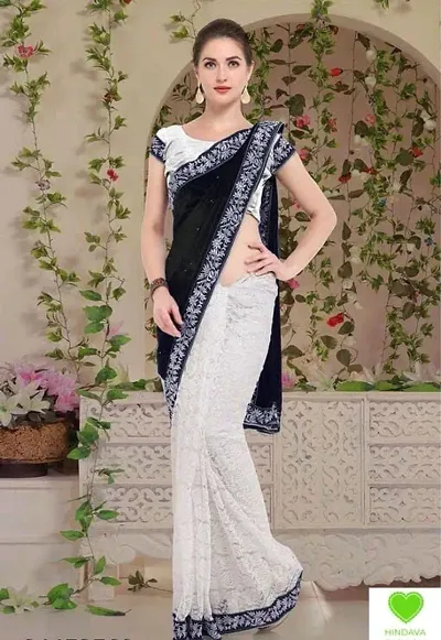 Velvet Half and Half Embroidered Border Sarees With Blouse Piece