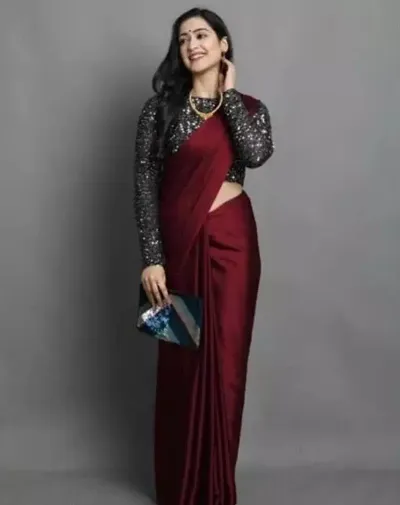 GILREATH Women's Satin Silk Saree With Unstitched Sequins Blouse Piece