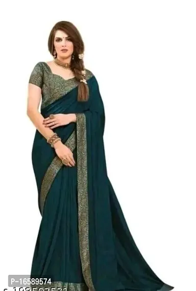 Stylish Vichitra Silk Teal Blue Border Work Saree With Blouse Piece For Women-thumb0