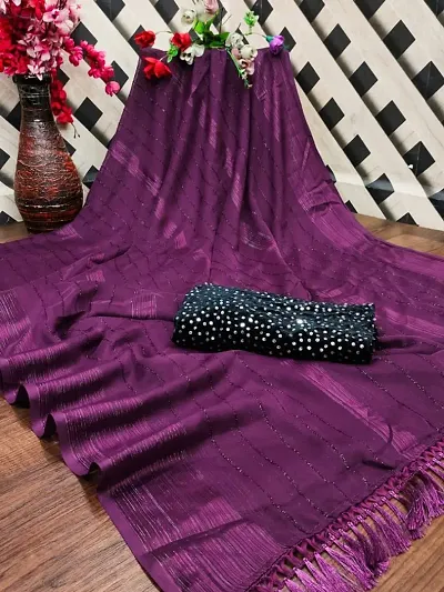 Georgette Striped Sarees with Sequined Blouse Piece