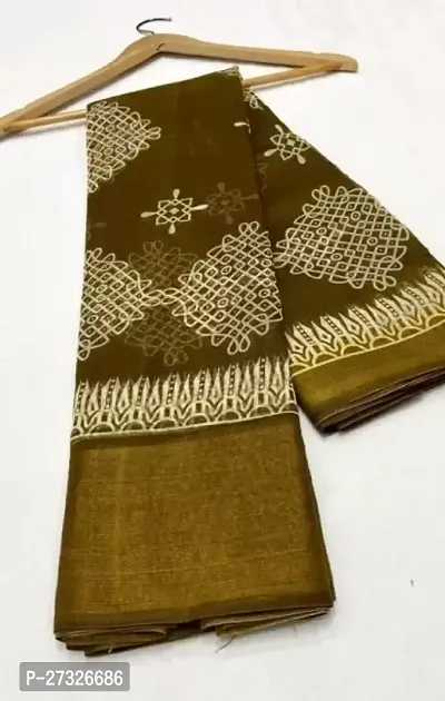 Elegant Olive Cotton Blend Saree with Blouse piece For Women