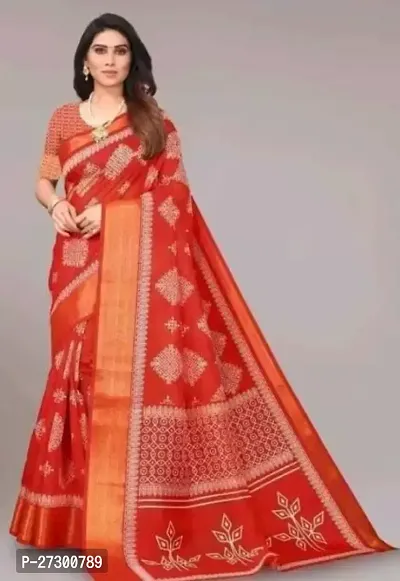 Elegant Red Cotton Blend Saree with Blouse piece For Women