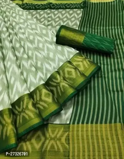 Elegant Green Cotton Blend Saree with Blouse piece For Women