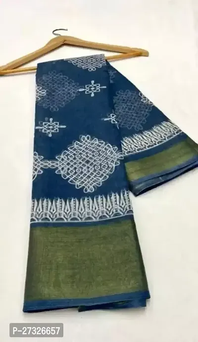 Elegant Blue Cotton Blend Saree with Blouse piece For Women