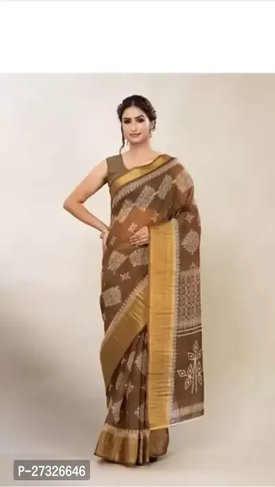 Elegant Brown Cotton Blend Saree with Blouse piece For Women-thumb0