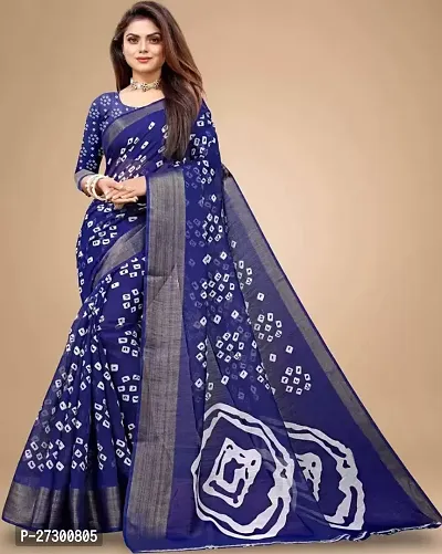 Elegant Blue Cotton Blend Saree with Blouse piece For Women-thumb0