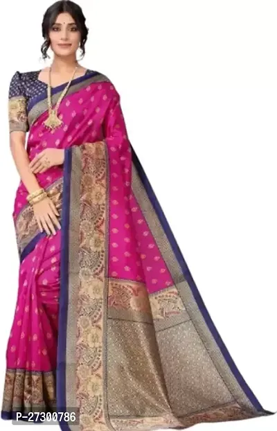 Elegant Pink Cotton Blend Saree with Blouse piece For Women-thumb0