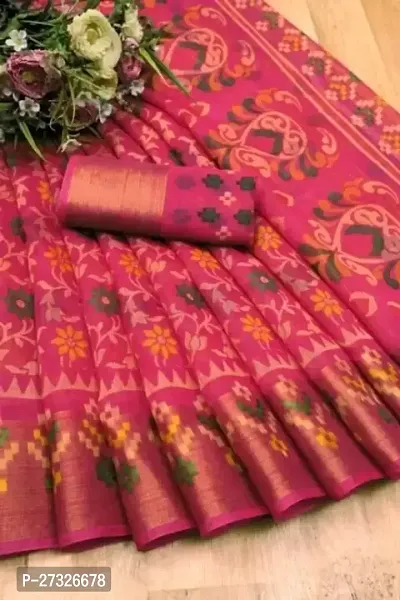 Elegant Pink Cotton Blend Saree with Blouse piece For Women-thumb0