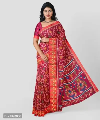 Elegant Red Cotton Blend Saree with Blouse piece For Women-thumb0