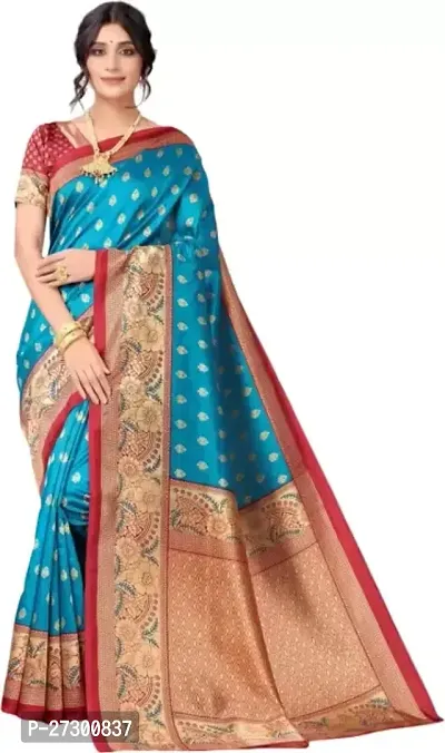 Elegant Turquoise Cotton Blend Saree with Blouse piece For Women-thumb0