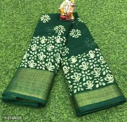 Elegant Green Cotton Blend Saree with Blouse piece For Women-thumb0