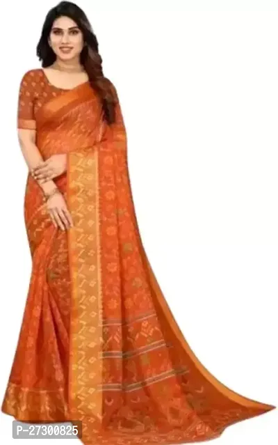 Elegant Orange Cotton Blend Saree with Blouse piece For Women