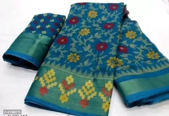 Elegant Teal Cotton Blend Saree with Blouse piece For Women-thumb0