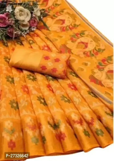 Elegant Yellow Cotton Blend Saree with Blouse piece For Women-thumb0