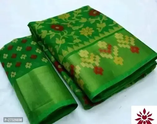 Elegant Green Cotton Blend Saree with Blouse piece For Women