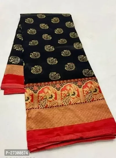 Elegant Black Cotton Blend Saree with Blouse piece For Women-thumb0
