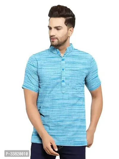 Stylish Blue Khadi Cotton Solid Short Length Kurta For Men