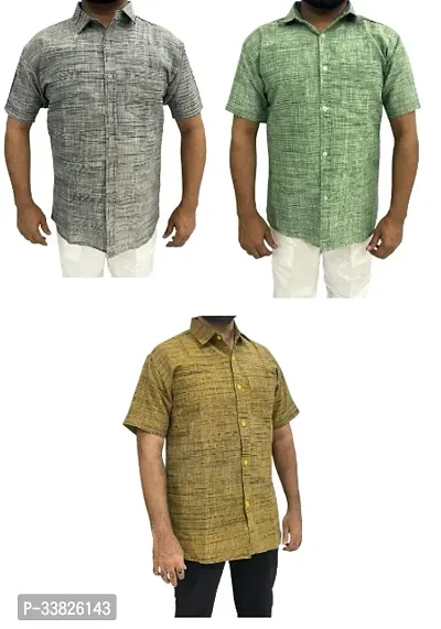 Reliable Multicoloured Khadi Cotton Short Sleeves Casual Shirt For Men Pack Of 3-thumb0