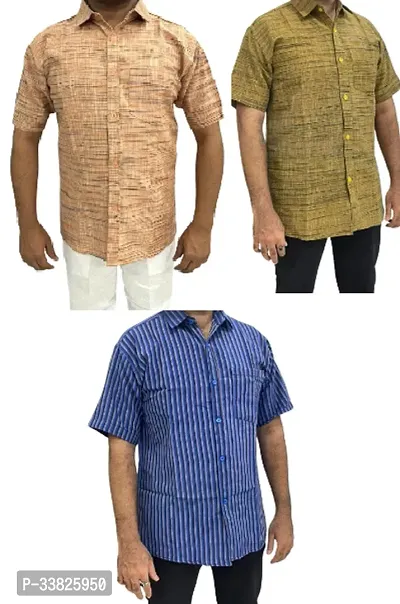 Reliable Multicoloured Khadi Cotton Short Sleeves Casual Shirt For Men Pack Of 3-thumb0