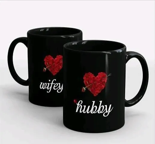 SubliKraft"" Hubby Wifey with Rose Palets"" Printed Full Black Coffee/Tea Mug Ideal for Everyone, Best Friend, Co-Worker (330ml)