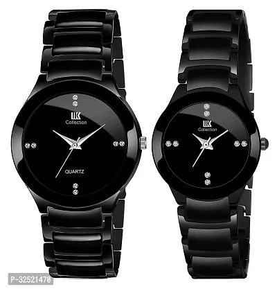 Stylish Black Metal Analog Watch For Couple Pack of 2-thumb0