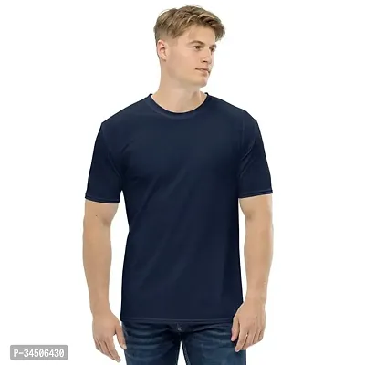 Elegant Navy Blue Polyester Solid Round Neck Tees For Men-thumb0