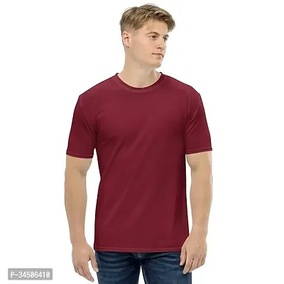 Elegant Maroon Polyester Solid Round Neck Tees For Men-thumb0