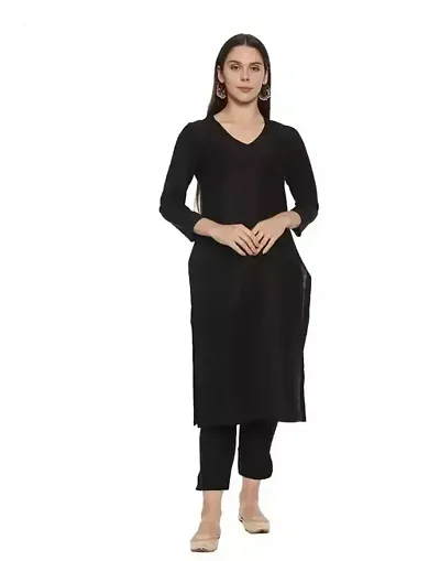 Women Silk Solid Straight Kurta with Bottom Set