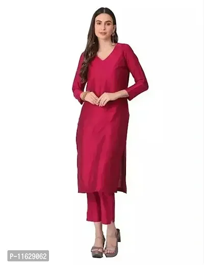 Women Cotton Silk Solid Straight Kurta with Bottom Set