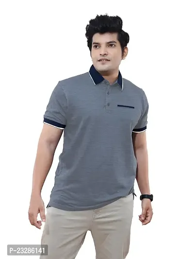 Rad prix Mens Grey Cotton Jacquard Collar Polo T Shirt-thumb0