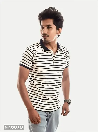 Men Blue and White Thin Stripes Cotton T-Shirt-thumb2