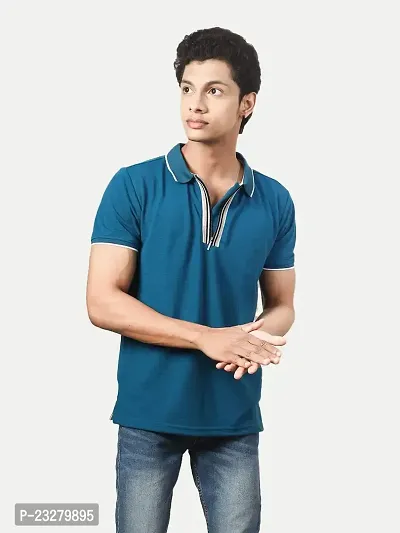 Rad prix Men Teal Blue Cotton Contrast Tipping Zipper Polo T-Shirt-thumb3