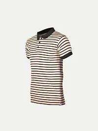 Mens Beige Fashion Striped Cotton Polo T-Shirt-thumb1