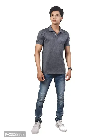 Men Basic Grey Polyester Polo Collared T-Shirt