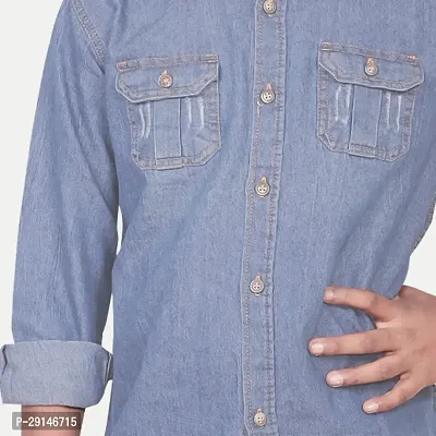 Teen Boys Navy Blue Washed Denim Shirt-thumb3